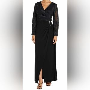 Nightway Mixed Media Long Sleeve gown. Size 12, Black